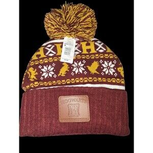 Harry Potter Hogwarts PomPom Beanie Maroon Holiday Leather Patch Unisex OSFM